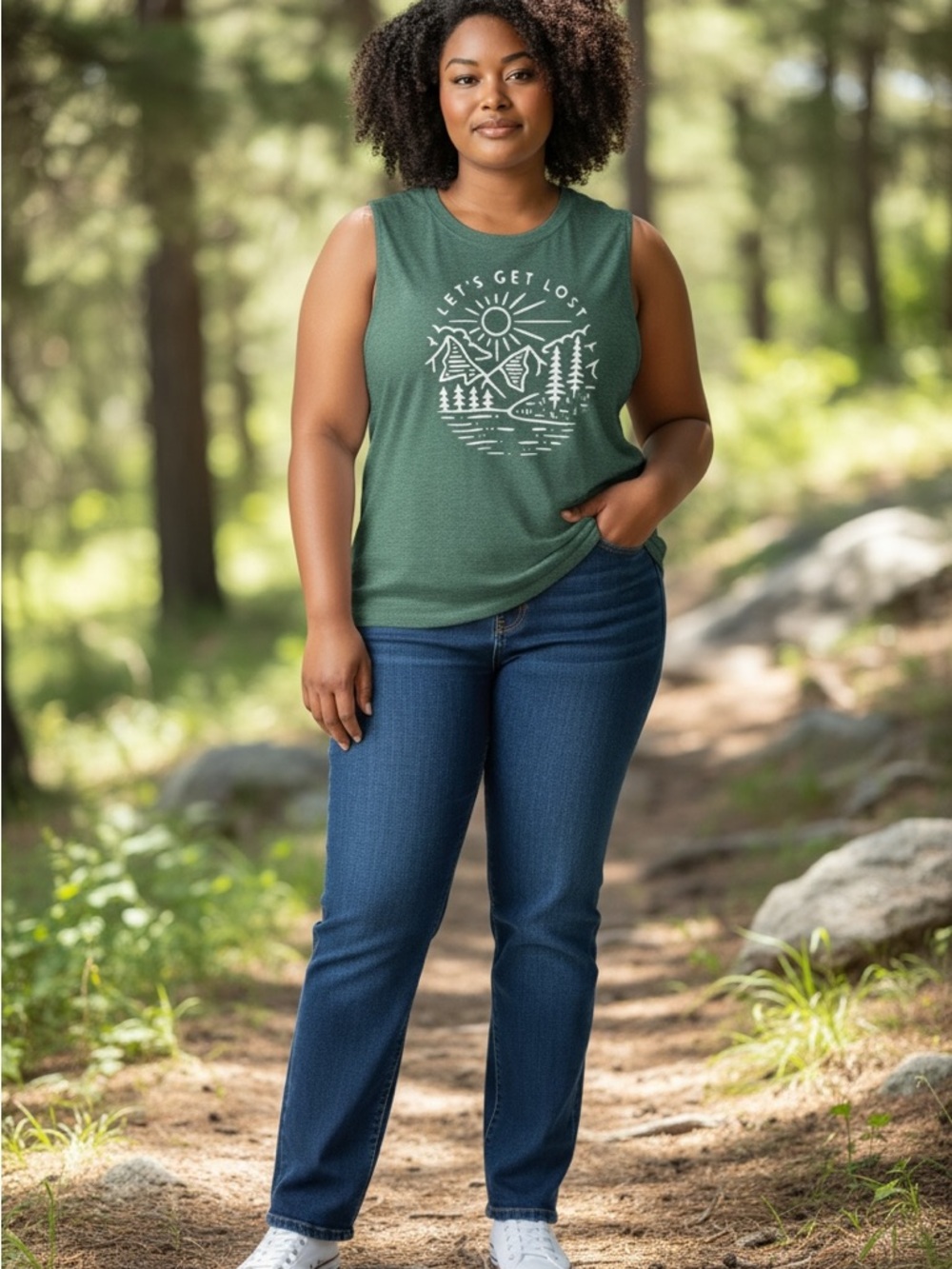 Forest Green Sleeveless Graphic Tank - 'Let's Get Lost'